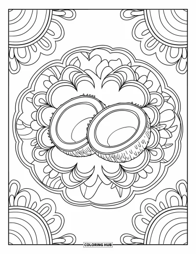 Coloriage de noix de coco pour adultes : Paire de noix de coco encadrée par des motifs floraux et des lianes très détaillés