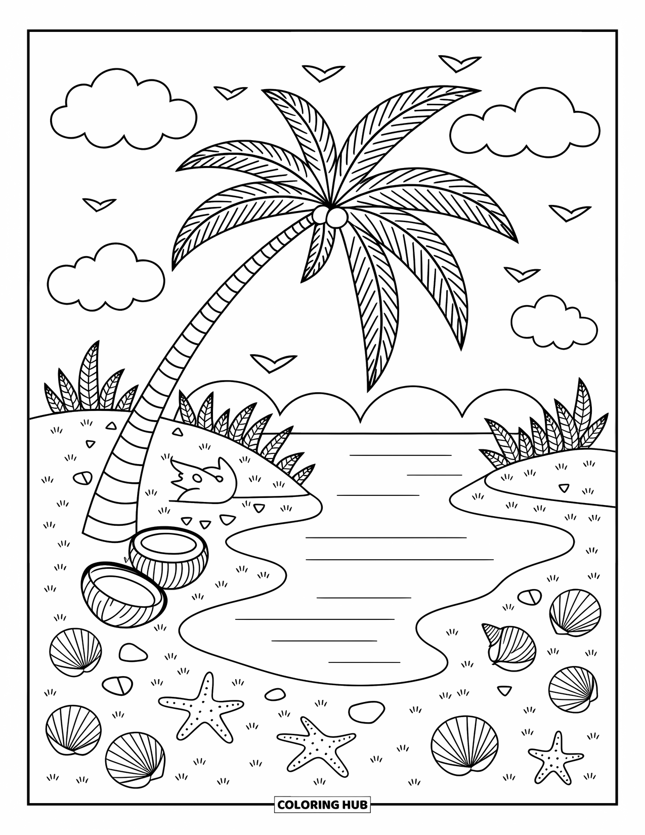 Coconut Coloring Page for Adults: Peaceful island scene with a tall coconut tree, seashells, and coconuts by the trunk