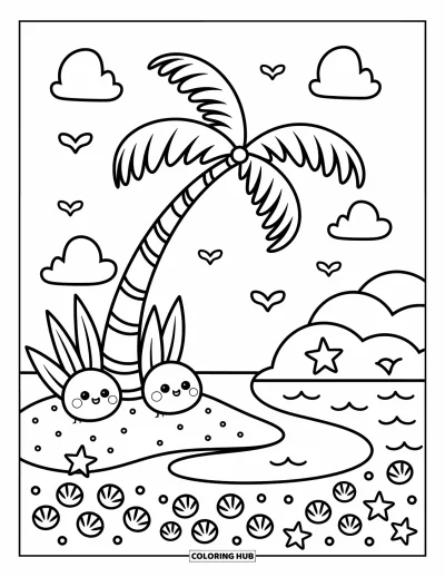 Coloriage de noix de coco pour adultes : Paisible île de plage avec des noix de coco, des coquillages, des étoiles de mer et un arbre penché