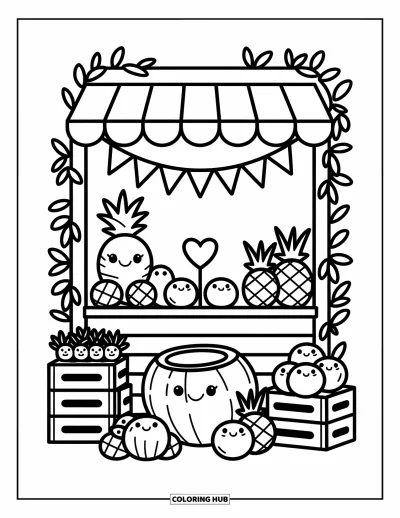Coloriage de noix de coco pour adultes : Étal de marché tropical avec une noix de coco tenant un cœur parmi des fruits et des lianes