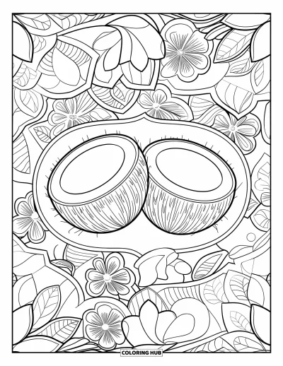 Coloriage de noix de coco pour adultes : Deux noix de coco au centre de motifs en dentelle botanique superposés