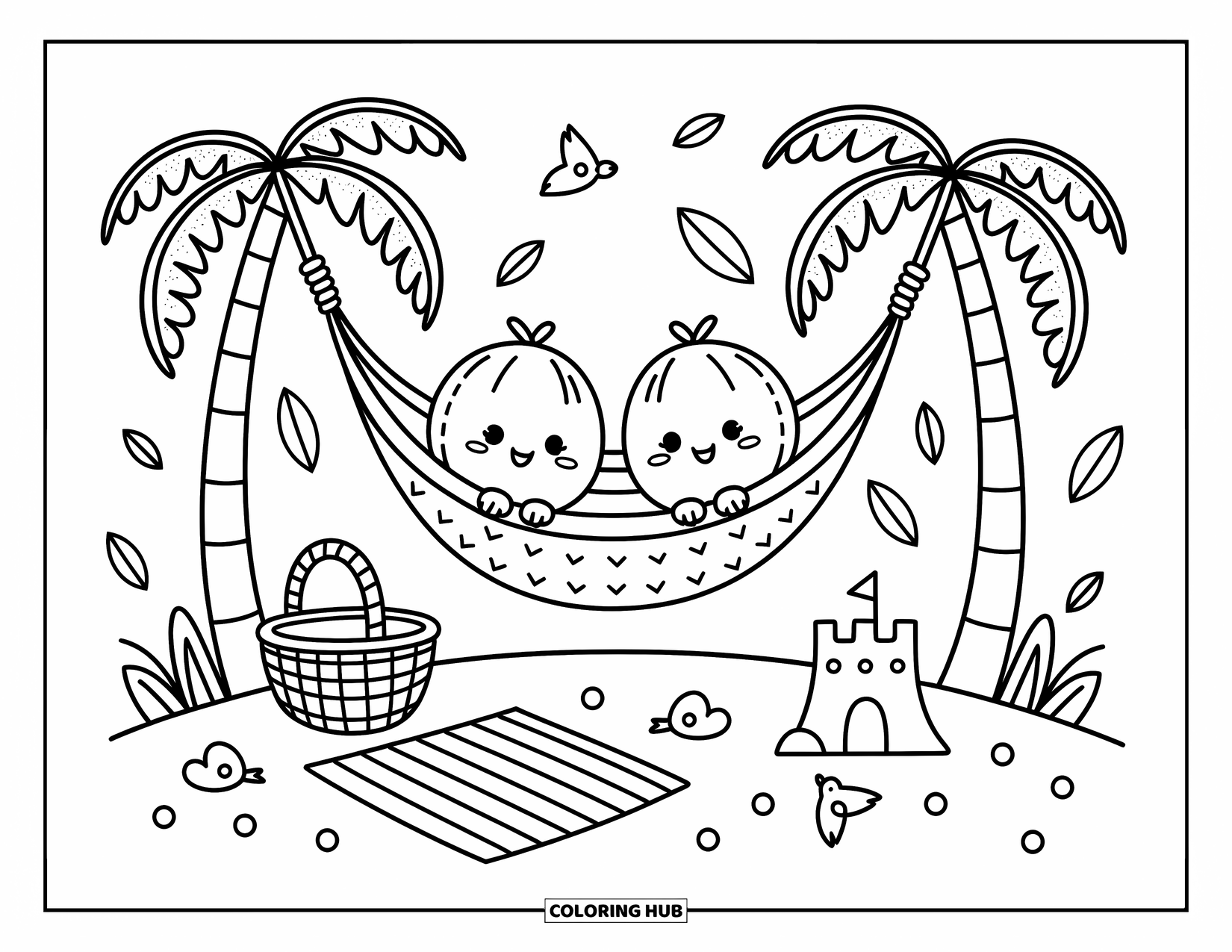 Coconut Coloring Page for Adults: Two coconuts relax in a hammock with a picnic basket, towel, and sandcastle below