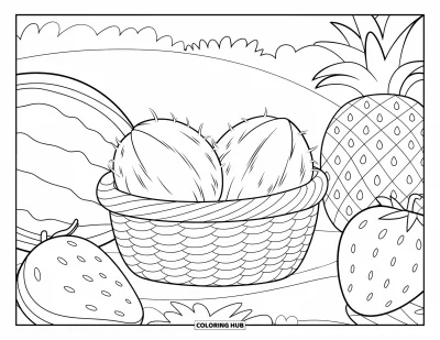 Coloriage de noix de coco pour enfants : Panier de noix de coco et grands fruits dans un champ verdoyant