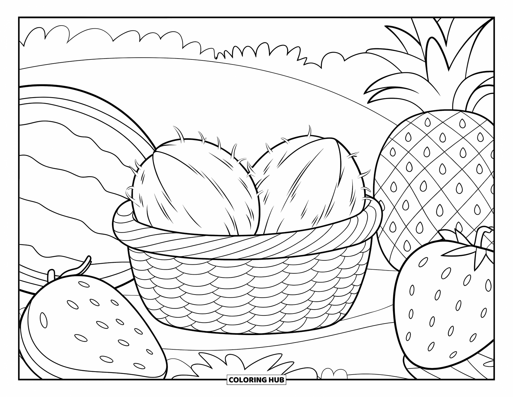 Coconut Coloring Page for Kids: Basket of coconuts and oversized fruits in a green grassy field
