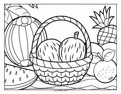 Coloriage de noix de coco pour enfants : Panier avec deux noix de coco entourées de grands fruits joyeux
