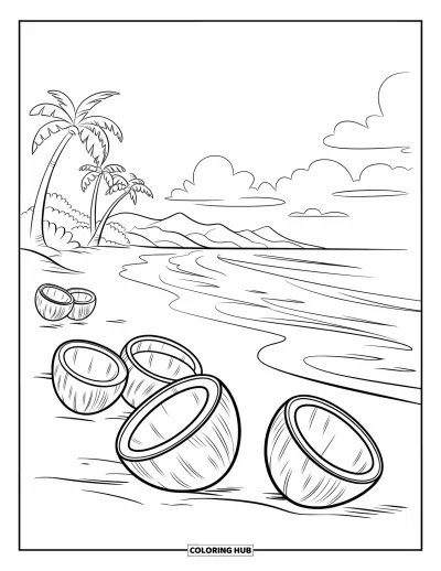 Coloriage de noix de coco pour enfants : Scène de plage avec des noix de coco, des palmiers, des montagnes et de douces vagues océaniques