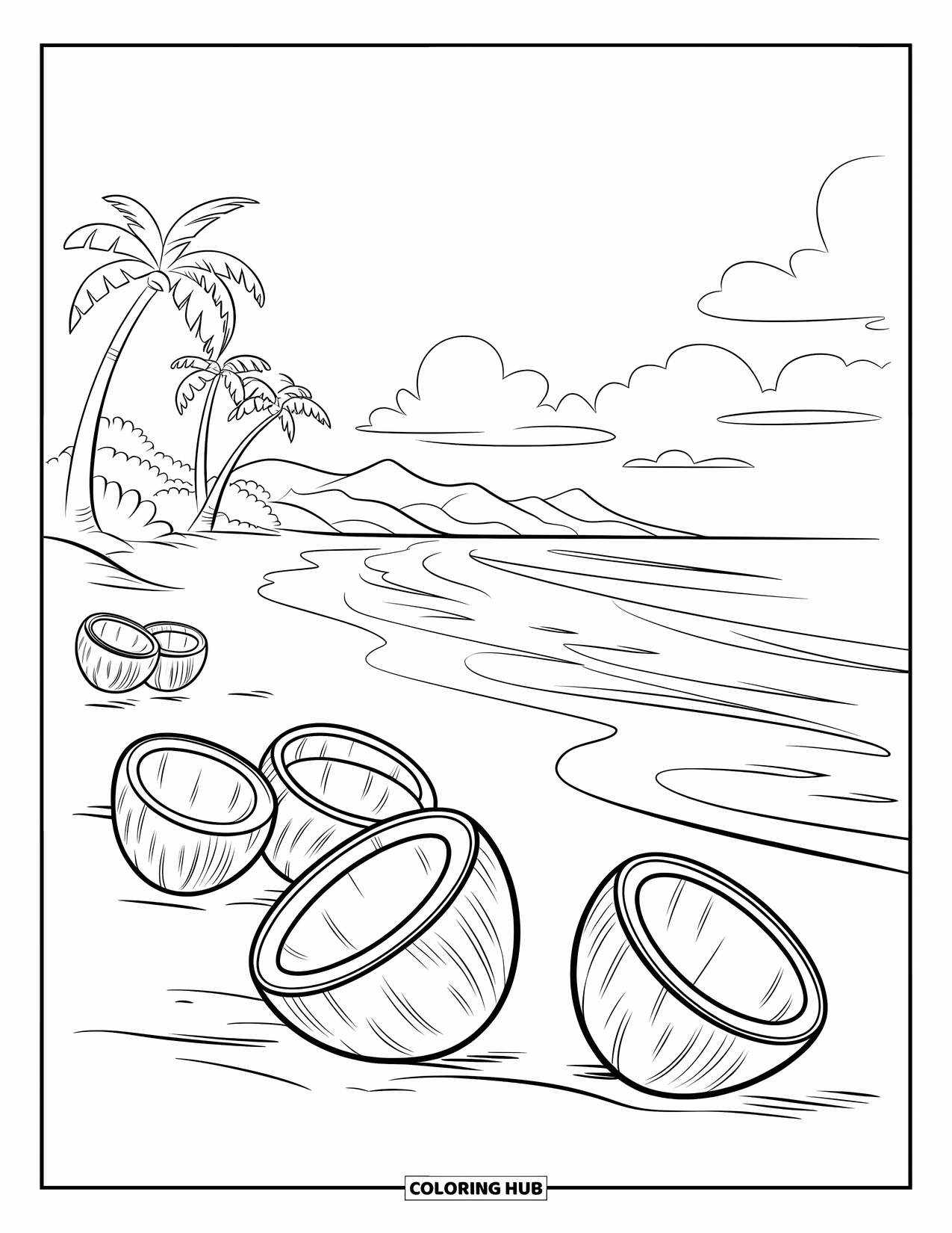 Coconut Coloring Page for Kids: Beach scene with coconuts, palm trees, mountains, and gentle ocean waves