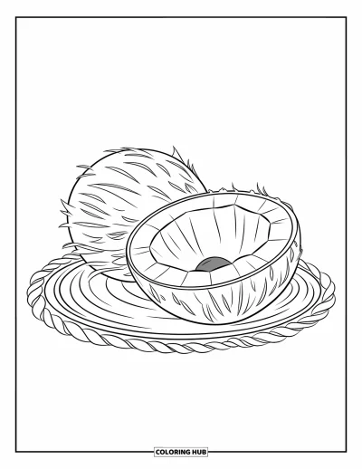 Coloriage de noix de coco pour enfants : Noix de coco fendue sur un tapis, laissant apparaître la chair blanche à l'intérieur