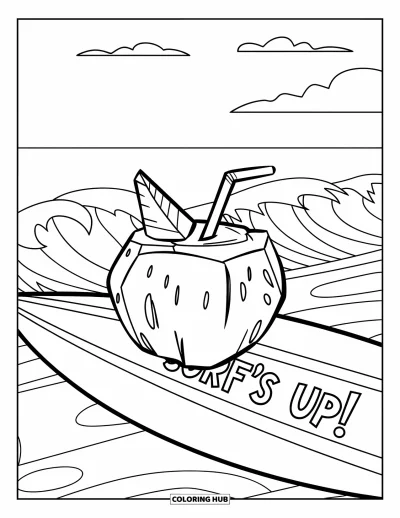 Coloriage de noix de coco pour enfants : Boisson à la noix de coco sur une planche de surf « Surf's Up ! » avec des vagues et des nuages derrière