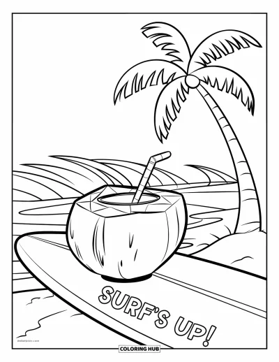 Coloriage de noix de coco pour enfants : Boisson à la noix de coco posée sur une planche marquée « Surf's Up ! » près des vagues et d'un palmier
