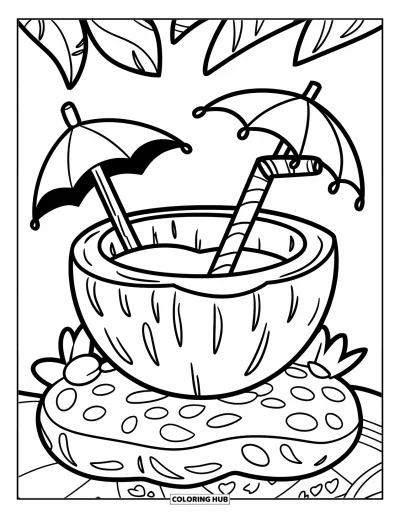 Coloriage de noix de coco pour enfants : Boisson à la noix de coco avec parasol sur un décor fruité, dans une composition amusante
