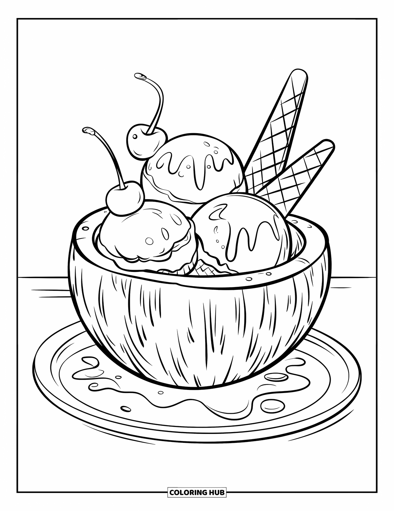 Coconut Coloring Page for Kids: Coconut filled with ice cream on a plate, with syrup, cherries, and bold outlines