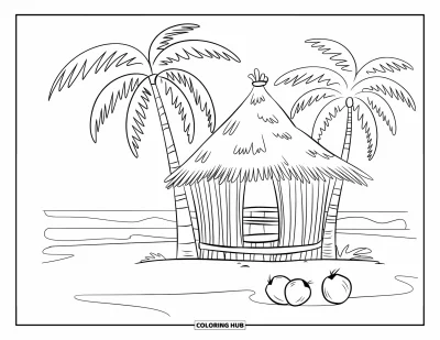 Coloriage de noix de coco pour enfants : Case en noix de coco sur une plage avec des vagues et des noix de coco alentour