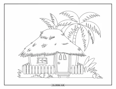 Coloriage de noix de coco pour enfants : Case en noix de coco avec une clôture à piquets et des palmiers derrière
