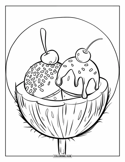 Coloriage de noix de coco pour enfants : Glace à la noix de coco avec des vermicelles et du sirop, sur un bâtonnet dans un cercle blanc