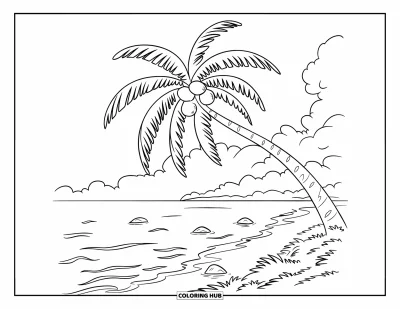 Coloriage de noix de coco pour enfants : Cocotier penché au-dessus d'une mer rocheuse avec des vagues et des nuages dans la scène
