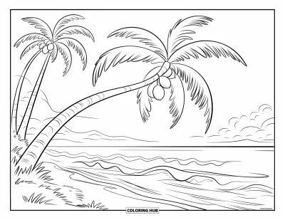 Coloriage de noix de coco pour enfants : Cocotier incliné vers la mer avec des noix de coco, des vagues et un ciel nuageux