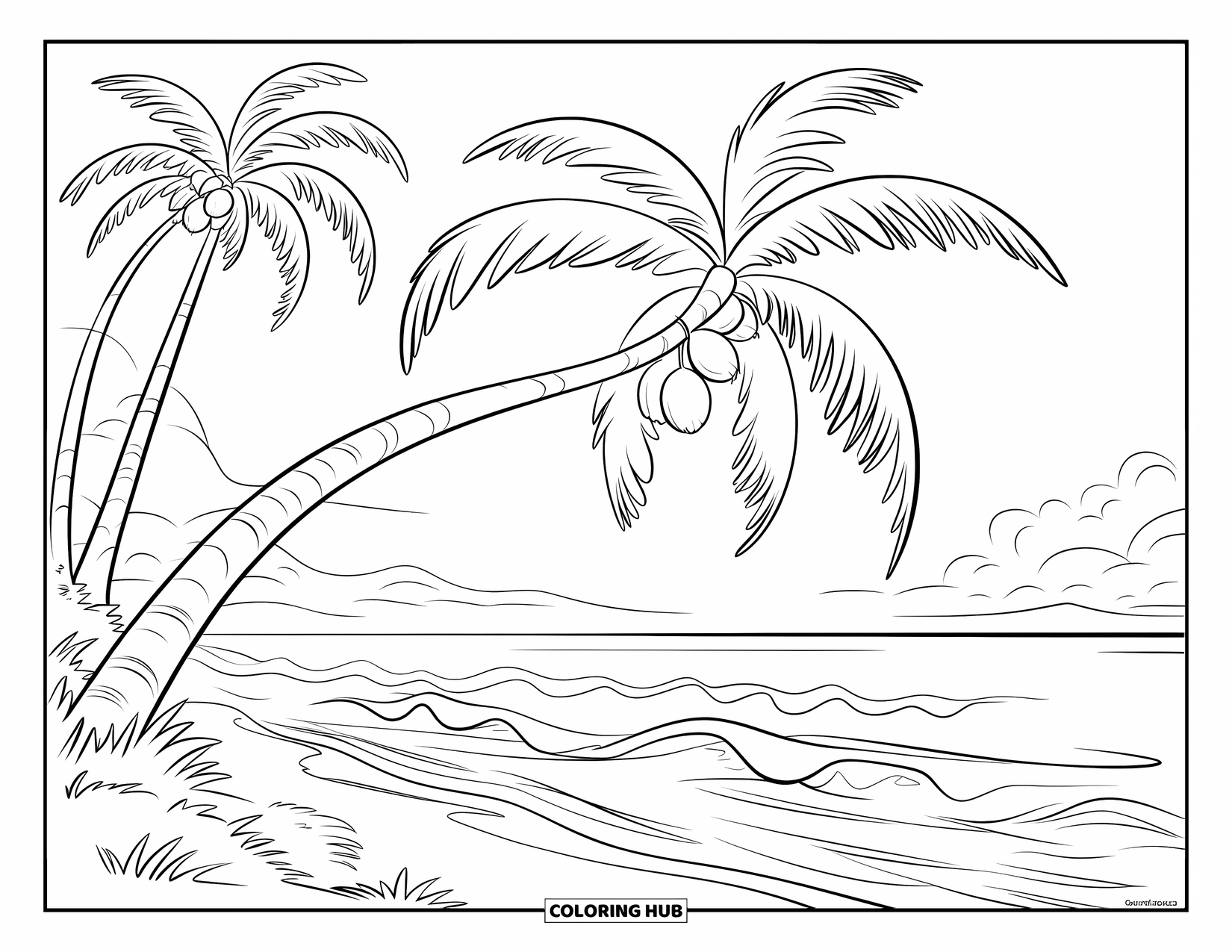 Coconut Coloring Page for Kids: Coconut tree bends toward the sea with coconuts, waves, and a cloudy sky