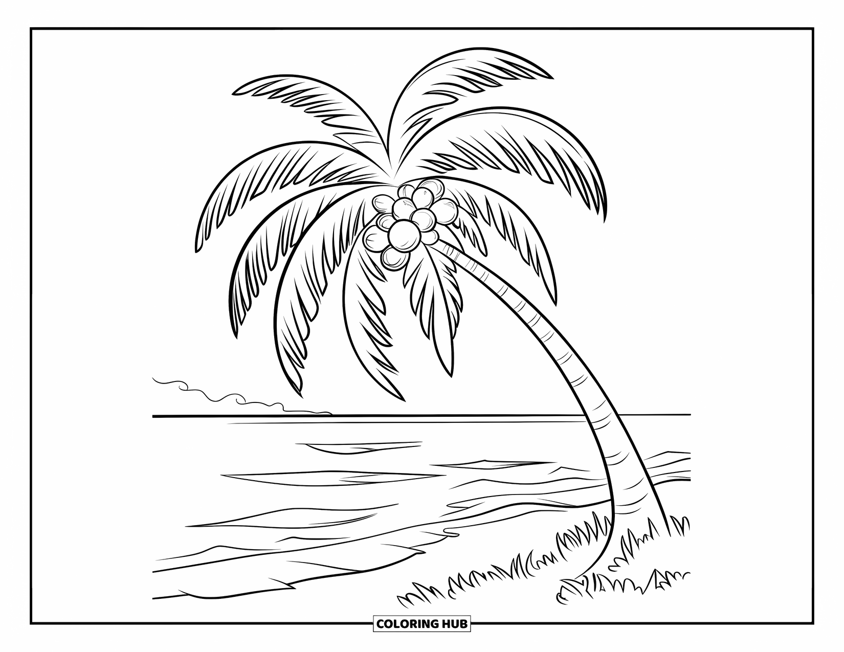 Coconut Coloring Page for Kids: Coconut tree by the sea with large coconuts, waves, and a clear sky