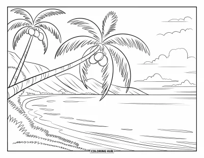 Coloriage de noix de coco pour enfants : Cocotier penché sur une plage avec une mer calme, des montagnes et des nuages en arrière-plan