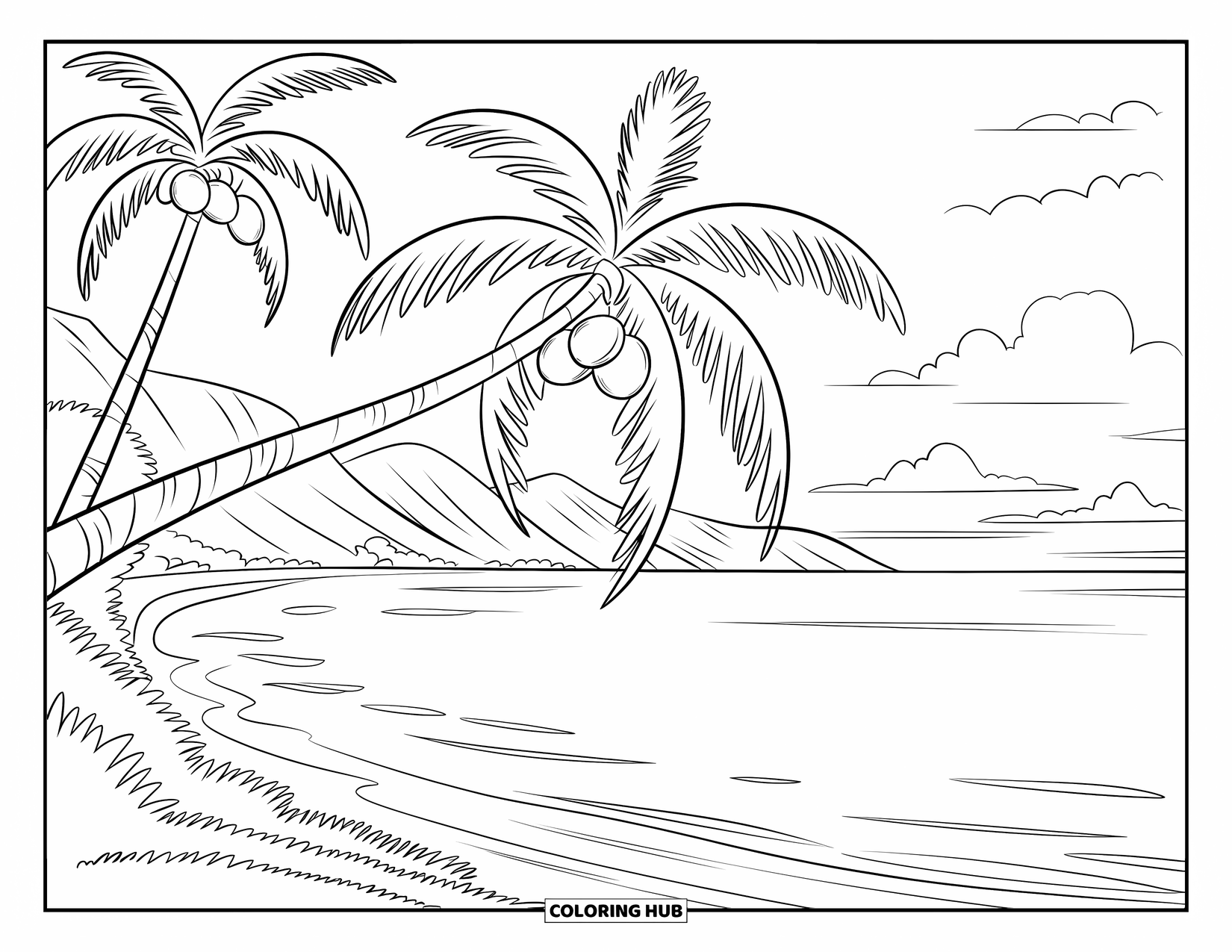 Coconut Coloring Page for Kids: Coconut tree leans over a beach with calm sea, mountains, and clouds behind