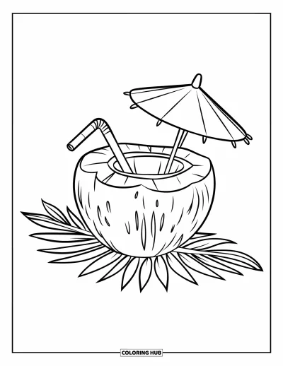 Coloriage de noix de coco pour enfants : Noix de coco avec une petite paille et un parasol posés sur une feuille de palmier