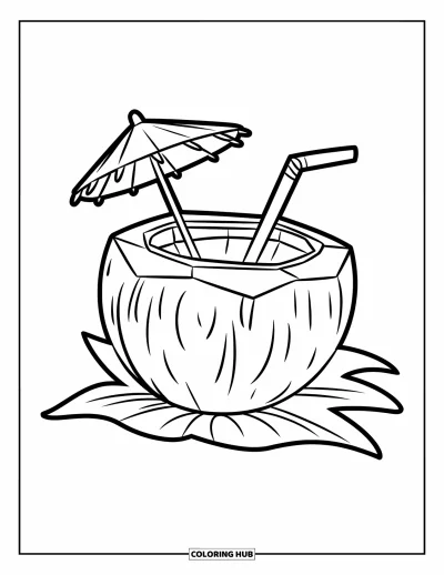 Coloriage de noix de coco pour enfants : Noix de coco avec une paille et un parasol posés sur une simple feuille
