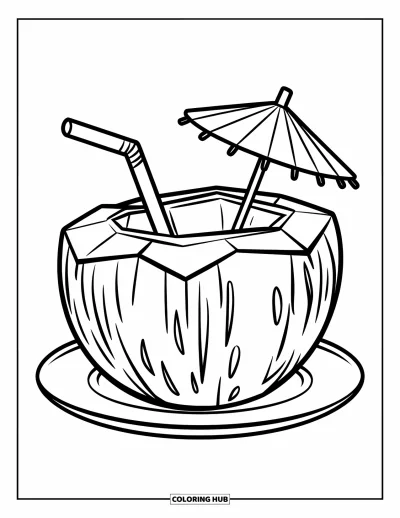 Coloriage de noix de coco pour enfants : Noix de coco avec parasol et paille reposant sur une assiette, prête à colorier