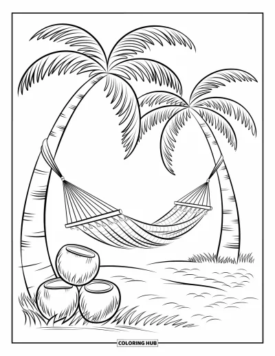 Coloriage de noix de coco pour enfants : Noix de coco et hamac entre de grands arbres sur une plage de sable tranquille