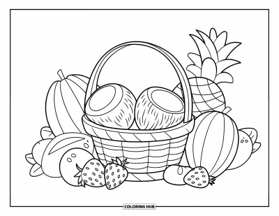 Coloriage de noix de coco pour enfants : Noix de coco dans un panier entourées de grands fruits tropicaux colorés