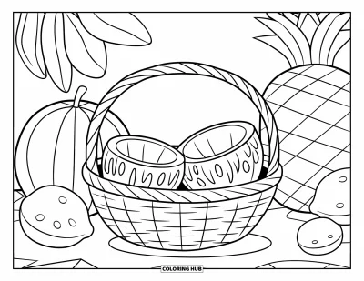 Coloriage de noix de coco pour enfants : Noix de coco dans un panier entouré de grands fruits sur fond blanc
