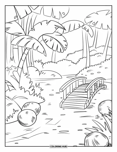 Coloriage de noix de coco pour enfants : Noix de coco le long d'un chemin forestier près de grands arbres et d'un petit pont en bois