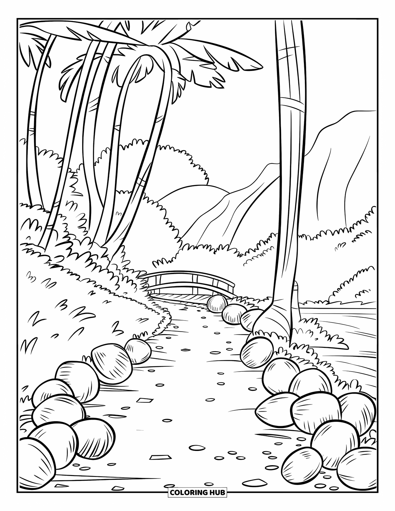 Coconut Coloring Page for Kids: Coconuts on a path lined with trees and ending at a bridge over a river