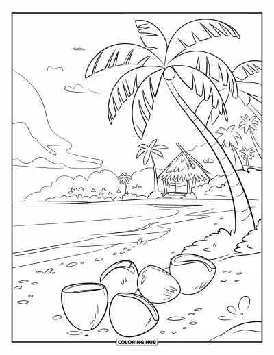 Coloriage de noix de coco pour enfants : Noix de coco sur une plage de sable avec une case au toit de chaume et des montagnes au loin