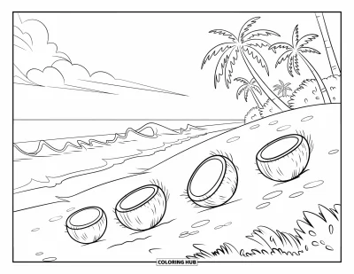 Coloriage de noix de coco pour enfants : Noix de coco qui roulent sur une dune de plage bordée de palmiers et de vagues