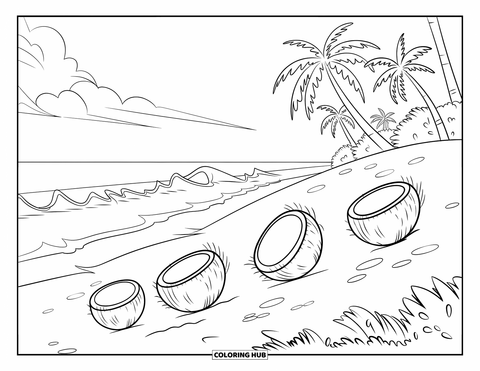 Coconut Coloring Page for Kids: Coconuts roll down a beach hill lined with palm trees and ocean waves