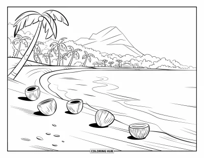 Coloriage de noix de coco pour enfants : Noix de coco qui roulent sur une dune de plage près de palmiers et d'une montagne en fond