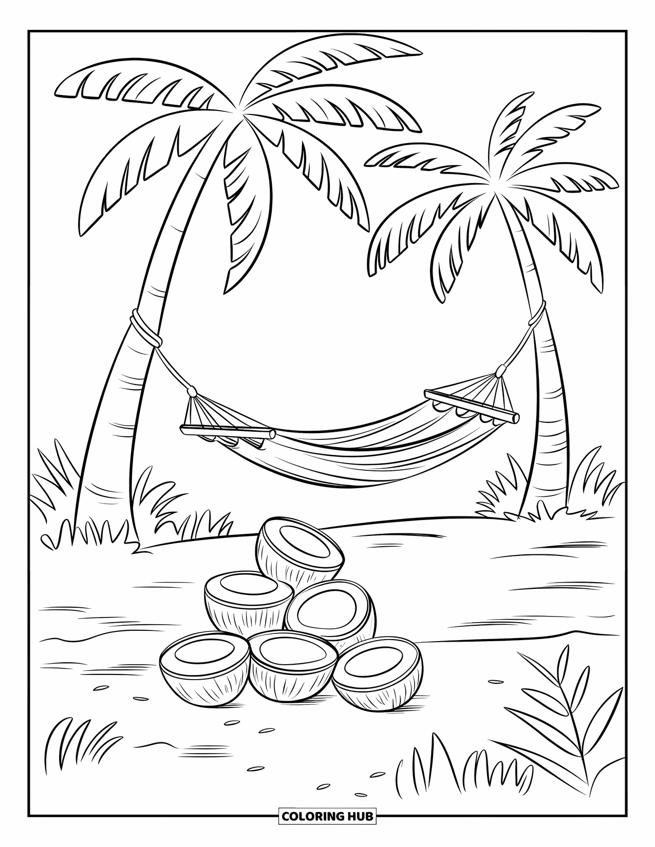Coconut Coloring Page for Kids: Coconuts stacked beside a hammock on a sandy beach with palm trees