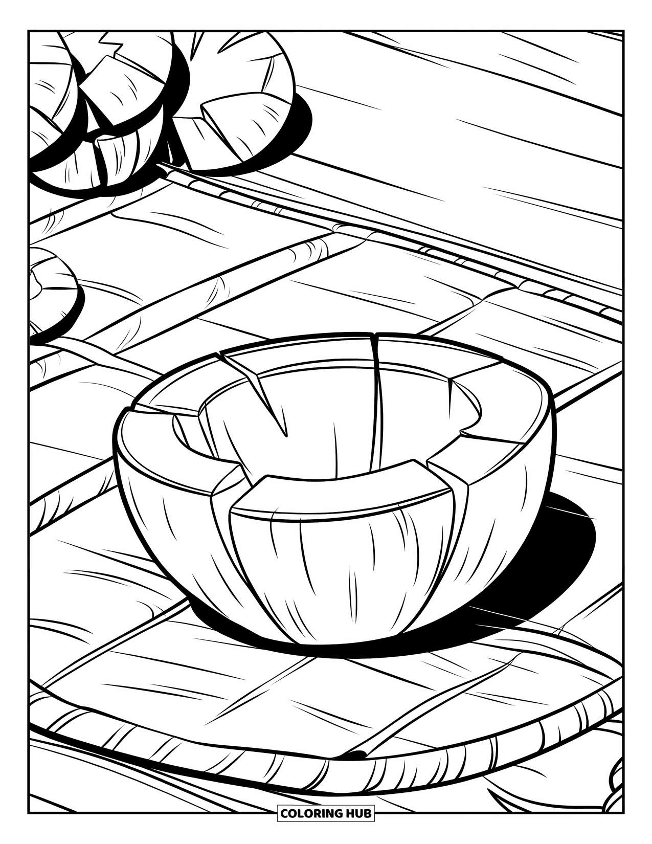 Coconut Coloring Page for Kids: Cracked coconut showing soft white flesh on a woven mat