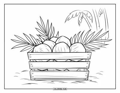 Coloriage de noix de coco pour enfants : Caisse remplie de noix de coco et de feuilles posée sur le sable près de palmiers