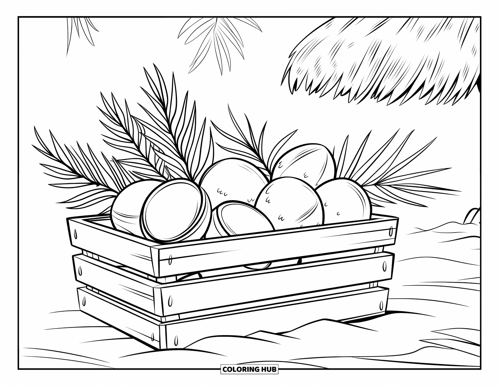 Coconut Coloring Page for Kids: Crate of coconuts and palm fronds with a hut and trees in the background