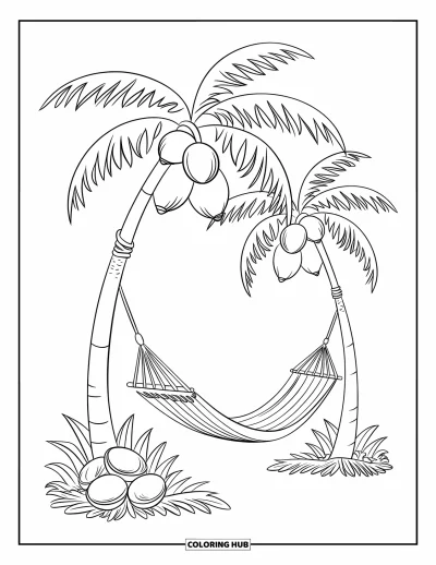Coloriage de noix de coco pour enfants : Un hamac se balance près de noix de coco empilées et d'arbres feuillus sur une plage ventée