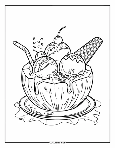 Coloriage de noix de coco pour enfants : Noix de coco garnie de glace aux multiples parfums avec une paille dans une assiette
