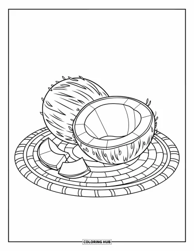 Coloriage de noix de coco pour enfants : Noix de coco ouverte sur un tapis à motifs, avec des traits nets et bien marqués