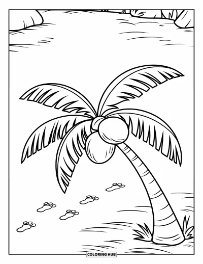 Coloriage de noix de coco pour enfants : Palmier avec trois noix de coco, sol sableux, rochers et empreintes de pas alentour