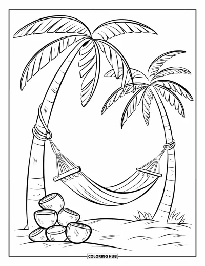 Coloriage de noix de coco pour enfants : Tas de noix de coco près d'un hamac suspendu entre deux cocotiers sur le sable