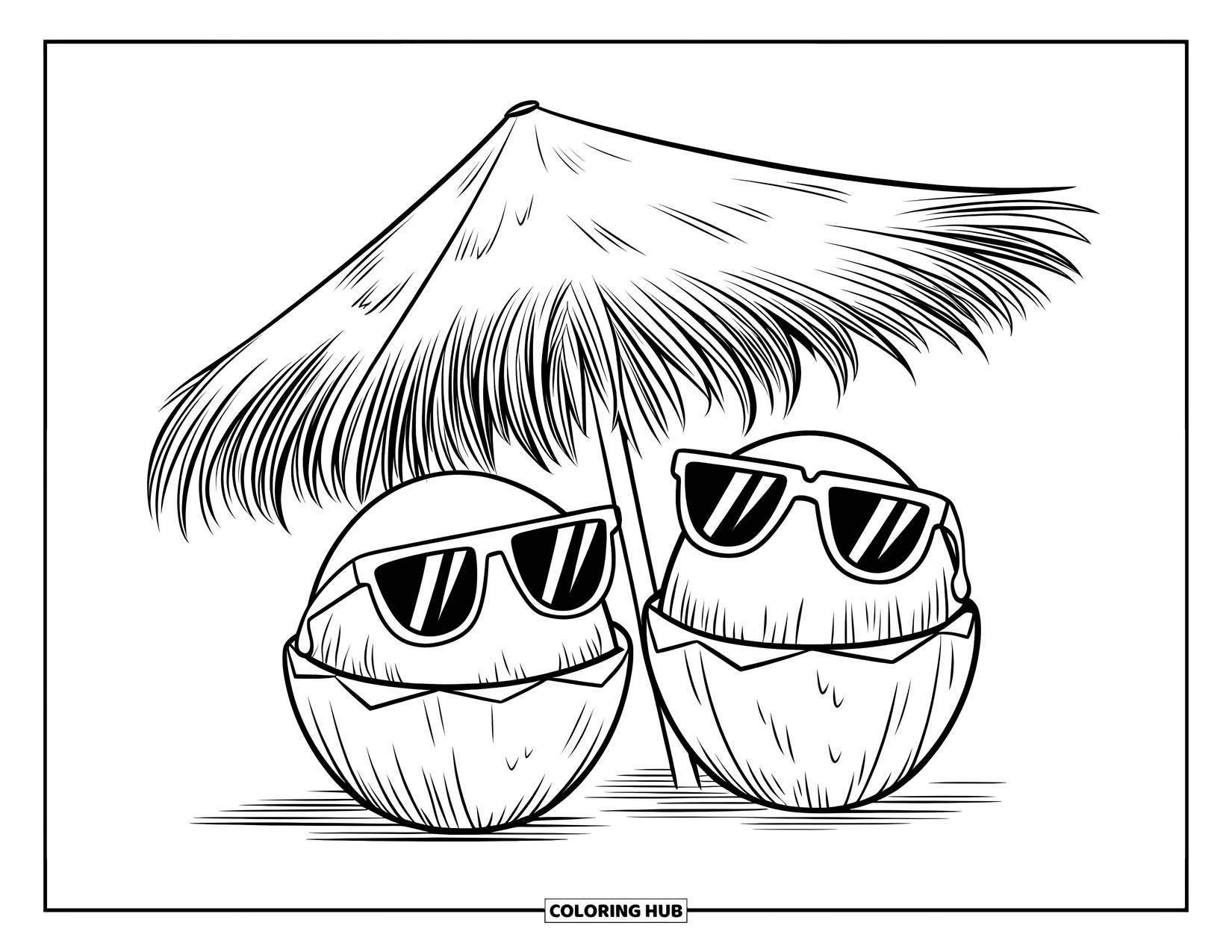 Coconut Coloring Page for Kids: Sunglass-wearing coconuts sit under a sunshade with bold outlines on white