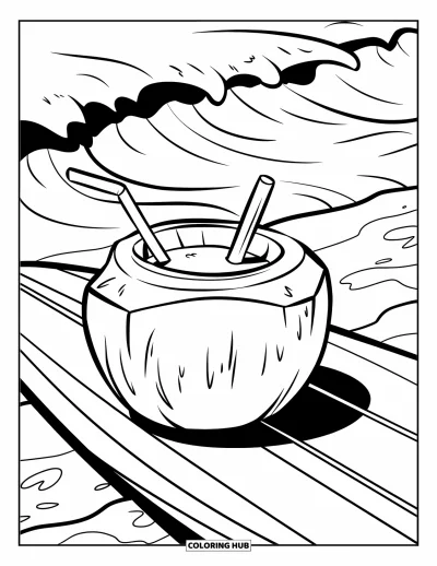 Coloriage de noix de coco pour enfants : Planche de surf avec une boisson à la noix de coco et des vagues, dans un dessin au trait propre
