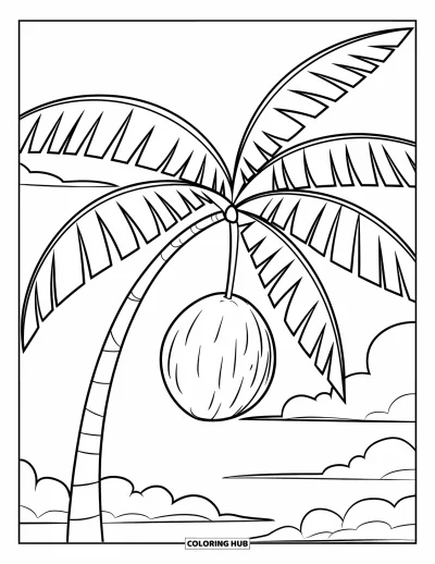 Coloriage de noix de coco pour enfants : Noix de coco se balançant sur un palmier sous un ciel dégagé