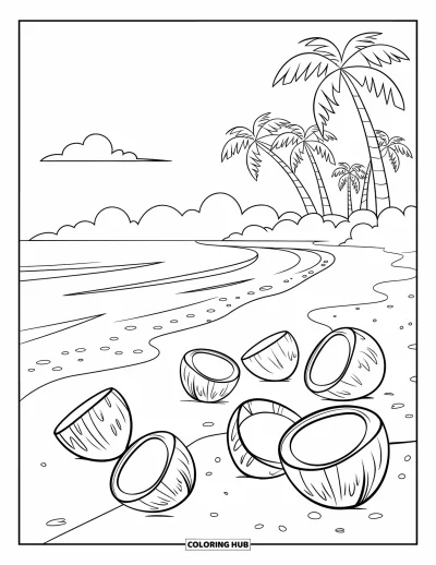 Coloriage de noix de coco pour enfants : Plage tropicale avec des noix de coco, de douces vagues et quelques palmiers sous le soleil